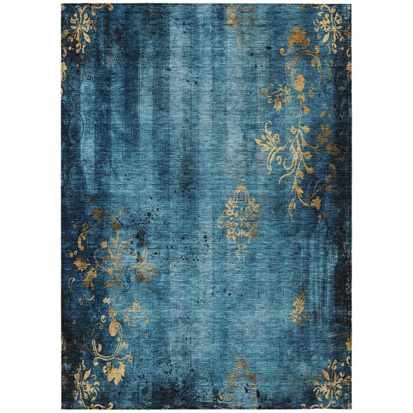 HomeRoots 5' Blue and Gold Floral Washable Area Rug – Durable, Stylish, and Perfect for Indoor/Outdoor Use 621003
