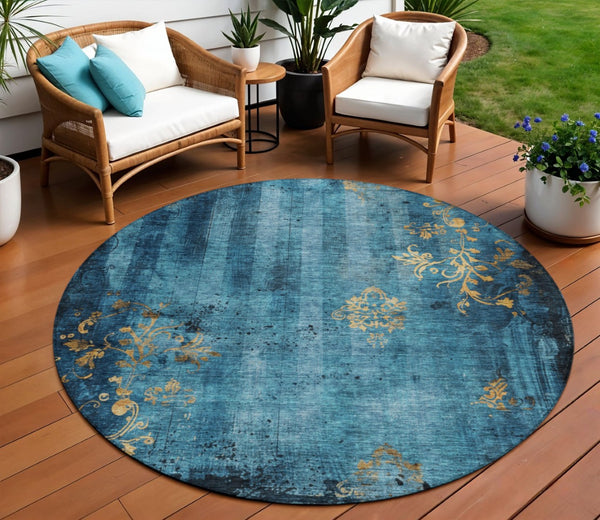HomeRoots 8' Blue and Gold Round Floral Rug - Washable, Stain-Resistant Design for Indoor & Outdoor Use 621004