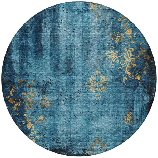 HomeRoots 8' Blue and Gold Round Floral Rug - Washable, Stain-Resistant Design for Indoor & Outdoor Use 621004