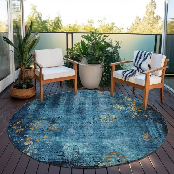 HomeRoots 8' Blue and Gold Round Floral Rug - Washable, Stain-Resistant Design for Indoor & Outdoor Use 621004