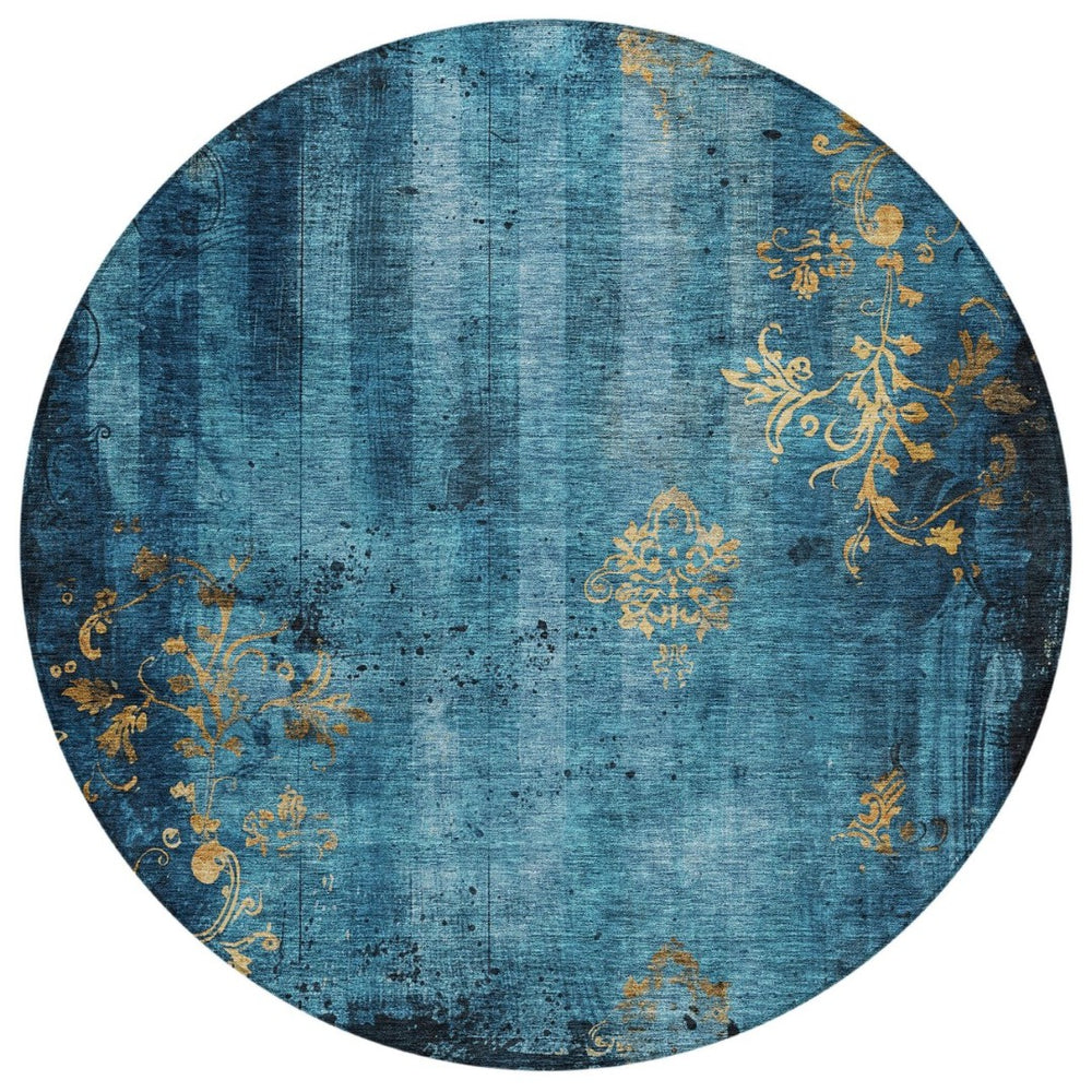 HomeRoots 8' Blue and Gold Round Floral Rug - Washable, Stain-Resistant Design for Indoor & Outdoor Use 621004