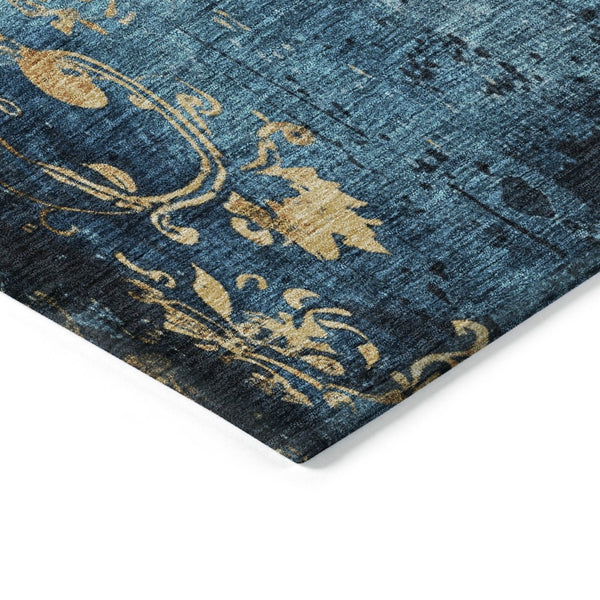 HomeRoots 8' Blue and Gold Round Floral Rug - Washable, Stain-Resistant Design for Indoor & Outdoor Use 621004