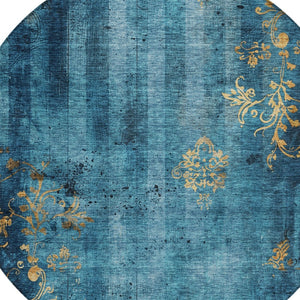 HomeRoots 8' Blue and Gold Round Floral Rug - Washable, Stain-Resistant Design for Indoor & Outdoor Use 621004