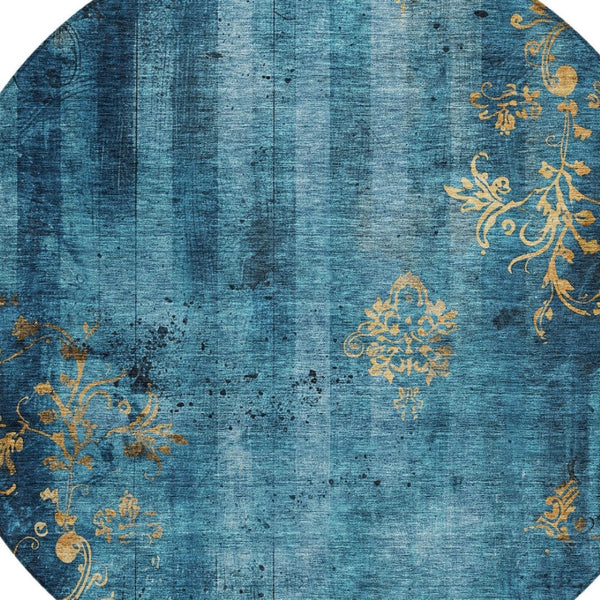 HomeRoots 8' Blue and Gold Round Floral Rug - Washable, Stain-Resistant Design for Indoor & Outdoor Use 621004