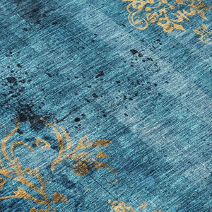 HomeRoots 8' Blue and Gold Round Floral Rug - Washable, Stain-Resistant Design for Indoor & Outdoor Use 621004