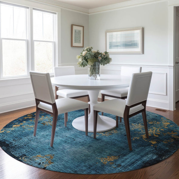 HomeRoots 8' Blue and Gold Round Floral Rug - Washable, Stain-Resistant Design for Indoor & Outdoor Use 621004