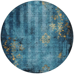 HomeRoots 8' Blue and Gold Round Floral Rug - Washable, Stain-Resistant Design for Indoor & Outdoor Use 621004