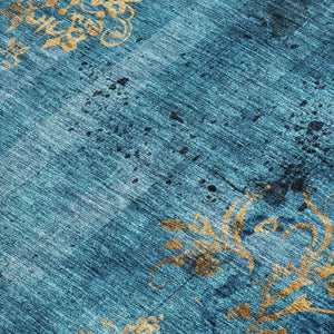 HomeRoots 8' X 10' Elegant Blue and Gold Floral Area Rug – Durable, Washable Design for Indoor & Outdoor Spaces 621005