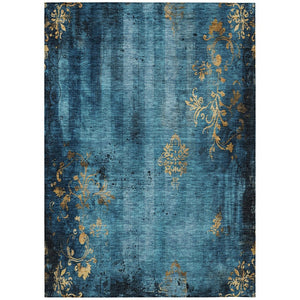 HomeRoots 9' X 12' Blue and Gold Floral Area Rug - Elegant, Washable, Stain-Resistant for Indoor & Outdoor Spaces 621006