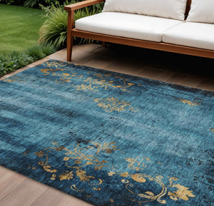 HomeRoots 10' Blue and Gold Floral Washable Area Rug - Durable, Elegant Indoor/Outdoor Design for Versatile Spaces 621007