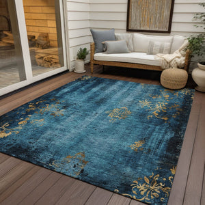 HomeRoots 10' Blue and Gold Floral Washable Area Rug - Durable, Elegant Indoor/Outdoor Design for Versatile Spaces 621007