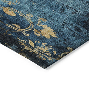 HomeRoots 10' Blue and Gold Floral Washable Area Rug - Durable, Elegant Indoor/Outdoor Design for Versatile Spaces 621007