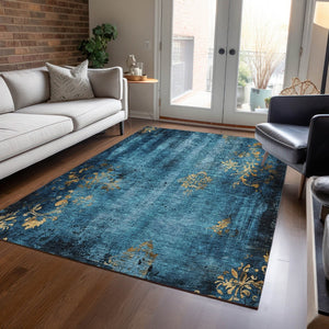 HomeRoots 10' Blue and Gold Floral Washable Area Rug - Durable, Elegant Indoor/Outdoor Design for Versatile Spaces 621007