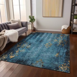 HomeRoots 10' Blue and Gold Floral Washable Area Rug - Durable, Elegant Indoor/Outdoor Design for Versatile Spaces 621007