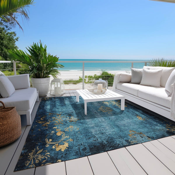 HomeRoots 10' Blue and Gold Floral Washable Area Rug - Durable, Elegant Indoor/Outdoor Design for Versatile Spaces 621007
