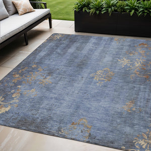 HomeRoots 5' Denim Blue & Beige Floral Area Rug - Washable, Durable Design for Indoor & Outdoor Spaces 621009