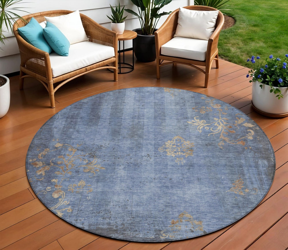 HomeRoots 8' Denim Blue Floral Area Rug - Durable, Washable, Indoor/Outdoor, Pet-Friendly, Stylish Accent Decor 621010