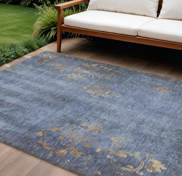 HomeRoots 9' X 12' Floral Indoor Outdoor Area Rug - Denim Blue & Beige, Washable, Durable & Versatile Design 621012