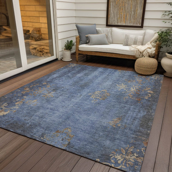 HomeRoots 9' X 12' Floral Indoor Outdoor Area Rug - Denim Blue & Beige, Washable, Durable & Versatile Design 621012