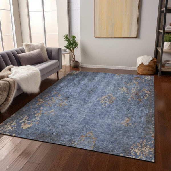 HomeRoots 9' X 12' Floral Indoor Outdoor Area Rug - Denim Blue & Beige, Washable, Durable & Versatile Design 621012