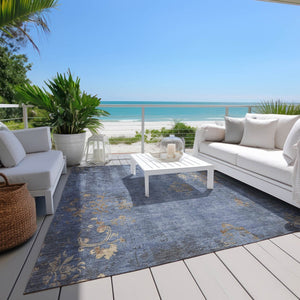 HomeRoots 10' Denim Blue and Beige Floral Area Rug – Washable, Durable, Indoor-Outdoor Perfect for Family Spaces 621013