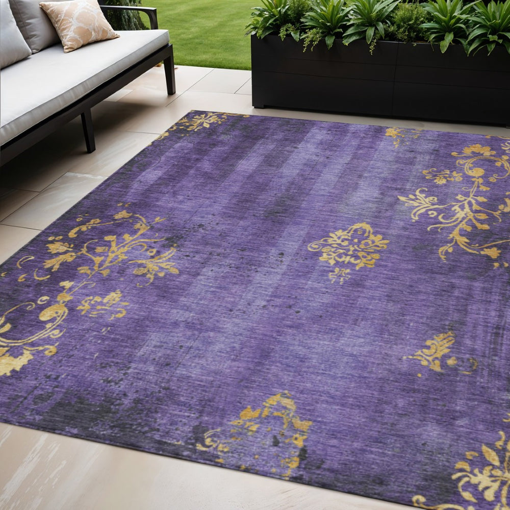 HomeRoots 5' Vibrant Purple and Gold Floral Washable Area Rug - Durable Indoor/Outdoor Style for Any Space! 621015
