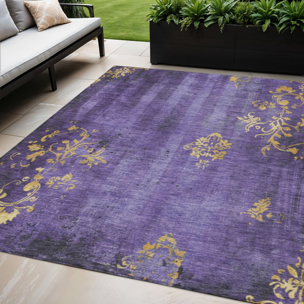 HomeRoots 5' Vibrant Purple and Gold Floral Washable Area Rug - Durable Indoor/Outdoor Style for Any Space! 621015