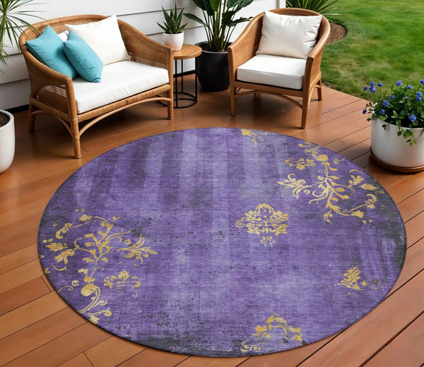 HomeRoots 8' Floral Round Area Rug in Purple & Gold - Washable, Durable, Ideal for Indoor & Outdoor Spaces! 621016