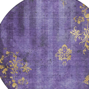 HomeRoots 8' Floral Round Area Rug in Purple & Gold - Washable, Durable, Ideal for Indoor & Outdoor Spaces! 621016