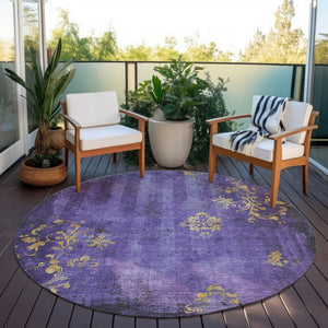HomeRoots 8' Floral Round Area Rug in Purple & Gold - Washable, Durable, Ideal for Indoor & Outdoor Spaces! 621016