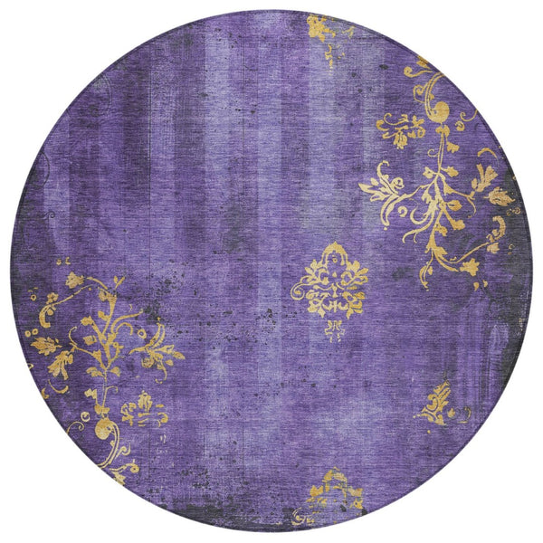 HomeRoots 8' Floral Round Area Rug in Purple & Gold - Washable, Durable, Ideal for Indoor & Outdoor Spaces! 621016
