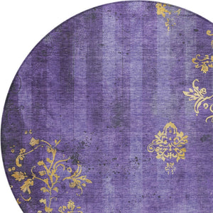 HomeRoots 8' Floral Round Area Rug in Purple & Gold - Washable, Durable, Ideal for Indoor & Outdoor Spaces! 621016
