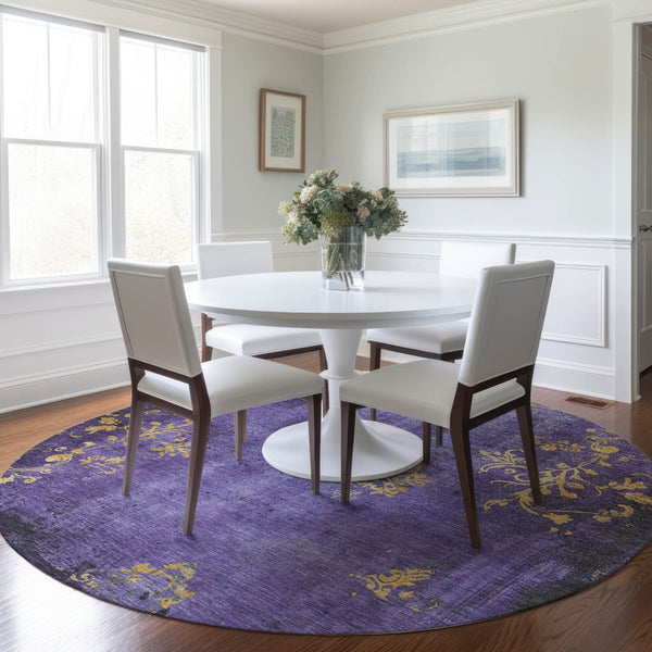 HomeRoots 8' Floral Round Area Rug in Purple & Gold - Washable, Durable, Ideal for Indoor & Outdoor Spaces! 621016