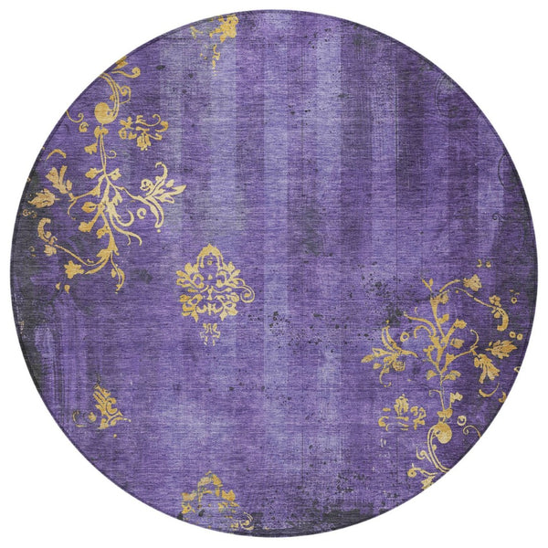 HomeRoots 8' Floral Round Area Rug in Purple & Gold - Washable, Durable, Ideal for Indoor & Outdoor Spaces! 621016