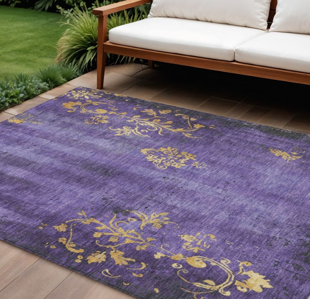 HomeRoots 8' X 10' Floral Area Rug - Vibrant Purple & Gold, Washable Indoor/Outdoor Accent for High-Traffic Spaces 621017