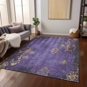 HomeRoots 8' X 10' Floral Area Rug - Vibrant Purple & Gold, Washable Indoor/Outdoor Accent for High-Traffic Spaces 621017