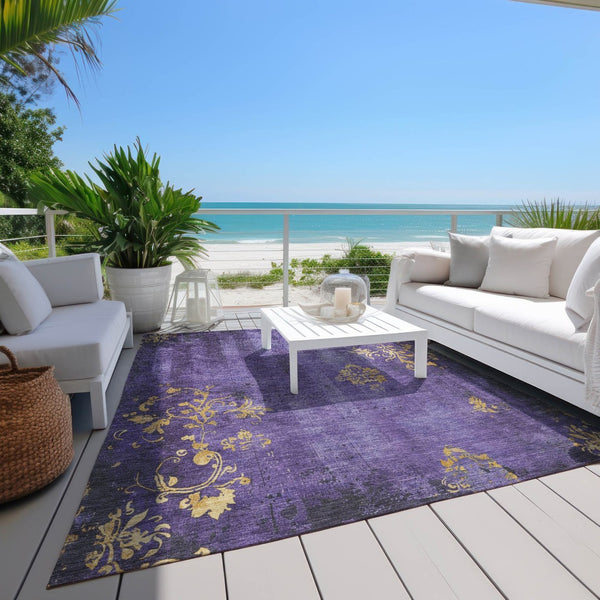 HomeRoots 10' Purple and Gold Floral Area Rug - Stylish, Washable, Durable for Indoor and Outdoor Spaces! 621019