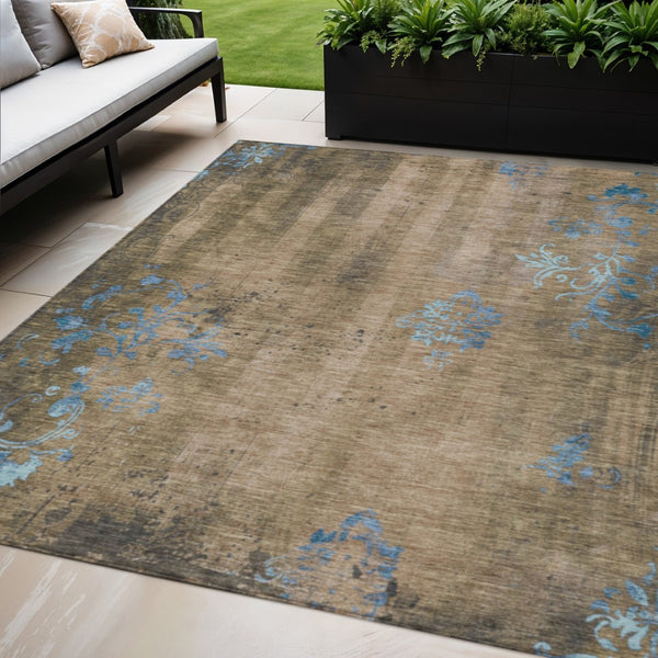 HomeRoots 5' Elegant Taupe and Blue Floral Washable Area Rug - Durable Indoor/Outdoor Design for All Spaces 621027