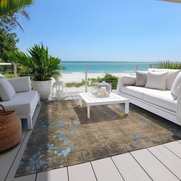 HomeRoots 5' Elegant Taupe and Blue Floral Washable Area Rug - Durable Indoor/Outdoor Design for All Spaces 621027