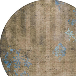 HomeRoots 8' Round Floral Area Rug in Taupe & Blue - Washable, Durable, Ideal for Indoor & Outdoor Spaces! 621028