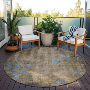 HomeRoots 8' Round Floral Area Rug in Taupe & Blue - Washable, Durable, Ideal for Indoor & Outdoor Spaces! 621028
