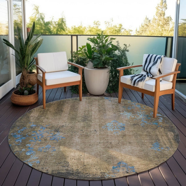 HomeRoots 8' Round Floral Area Rug in Taupe & Blue - Washable, Durable, Ideal for Indoor & Outdoor Spaces! 621028