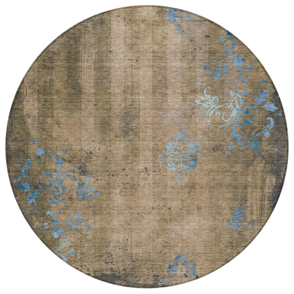 HomeRoots 8' Round Floral Area Rug in Taupe & Blue - Washable, Durable, Ideal for Indoor & Outdoor Spaces! 621028