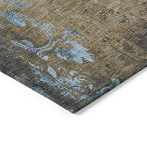 HomeRoots 8' Round Floral Area Rug in Taupe & Blue - Washable, Durable, Ideal for Indoor & Outdoor Spaces! 621028