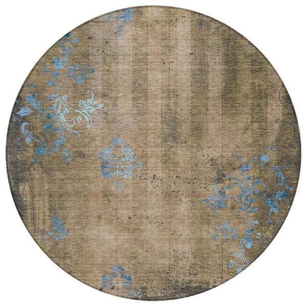 HomeRoots 8' Round Floral Area Rug in Taupe & Blue - Washable, Durable, Ideal for Indoor & Outdoor Spaces! 621028