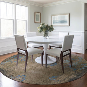HomeRoots 8' Round Floral Area Rug in Taupe & Blue - Washable, Durable, Ideal for Indoor & Outdoor Spaces! 621028