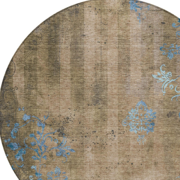 HomeRoots 8' Round Floral Area Rug in Taupe & Blue - Washable, Durable, Ideal for Indoor & Outdoor Spaces! 621028