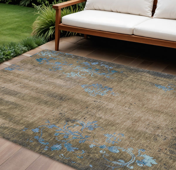HomeRoots 8' X 10' Taupe and Blue Floral Washable Area Rug - Durable, Stylish for Indoor & Outdoor Use! 621029