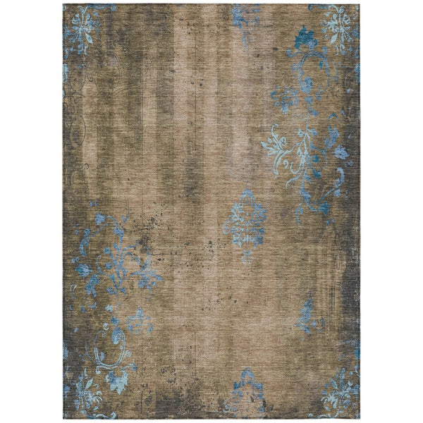 HomeRoots 8' X 10' Taupe and Blue Floral Washable Area Rug - Durable, Stylish for Indoor & Outdoor Use! 621029