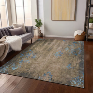 HomeRoots 8' X 10' Taupe and Blue Floral Washable Area Rug - Durable, Stylish for Indoor & Outdoor Use! 621029